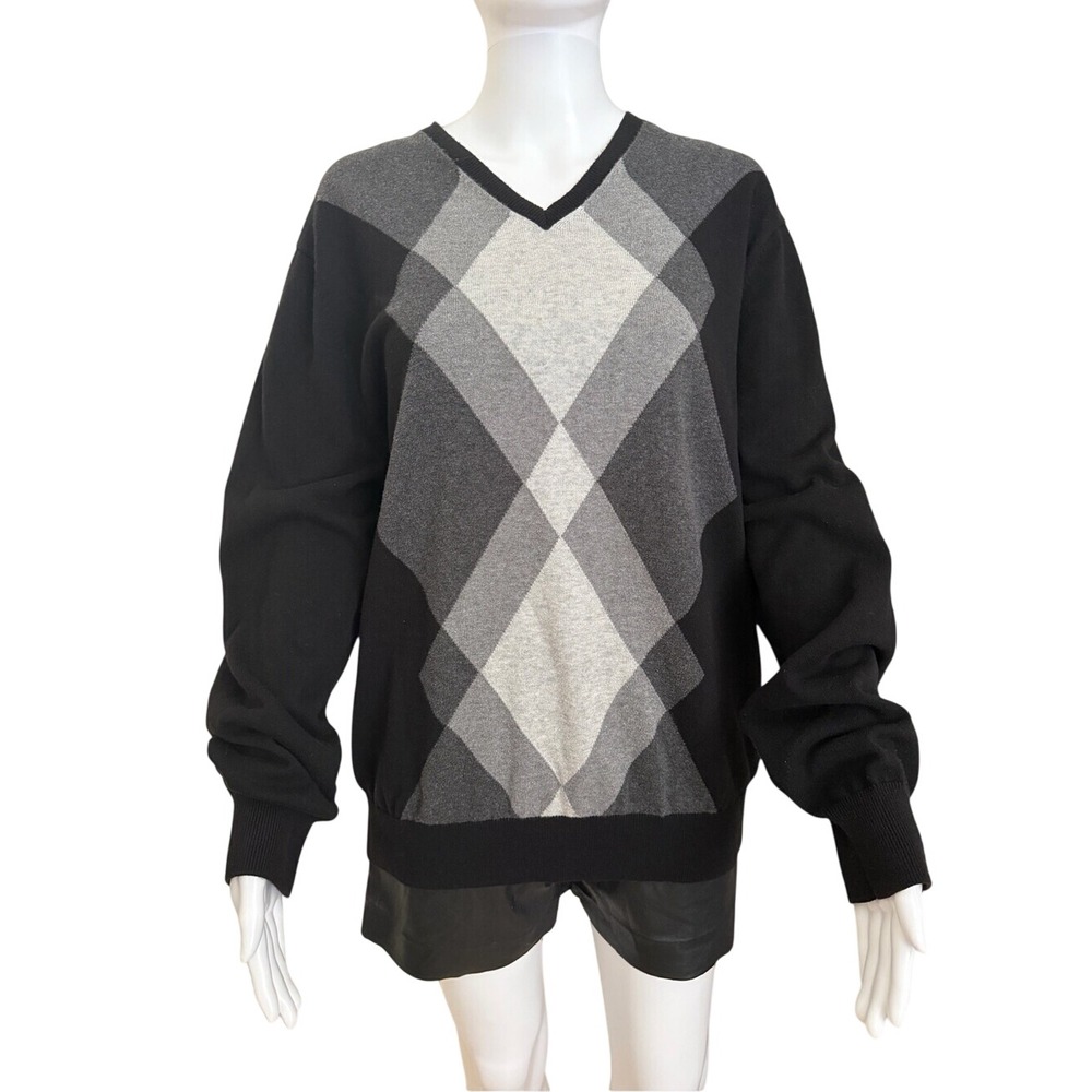 Van Heusen Black Grey Argyle V-Neck Sweater Size Large